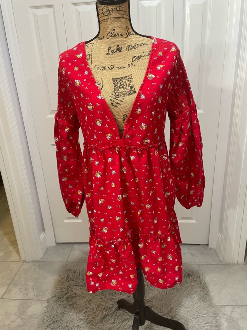 Billabong x Wrangler Red Floral V-Neck Babydoll Dress